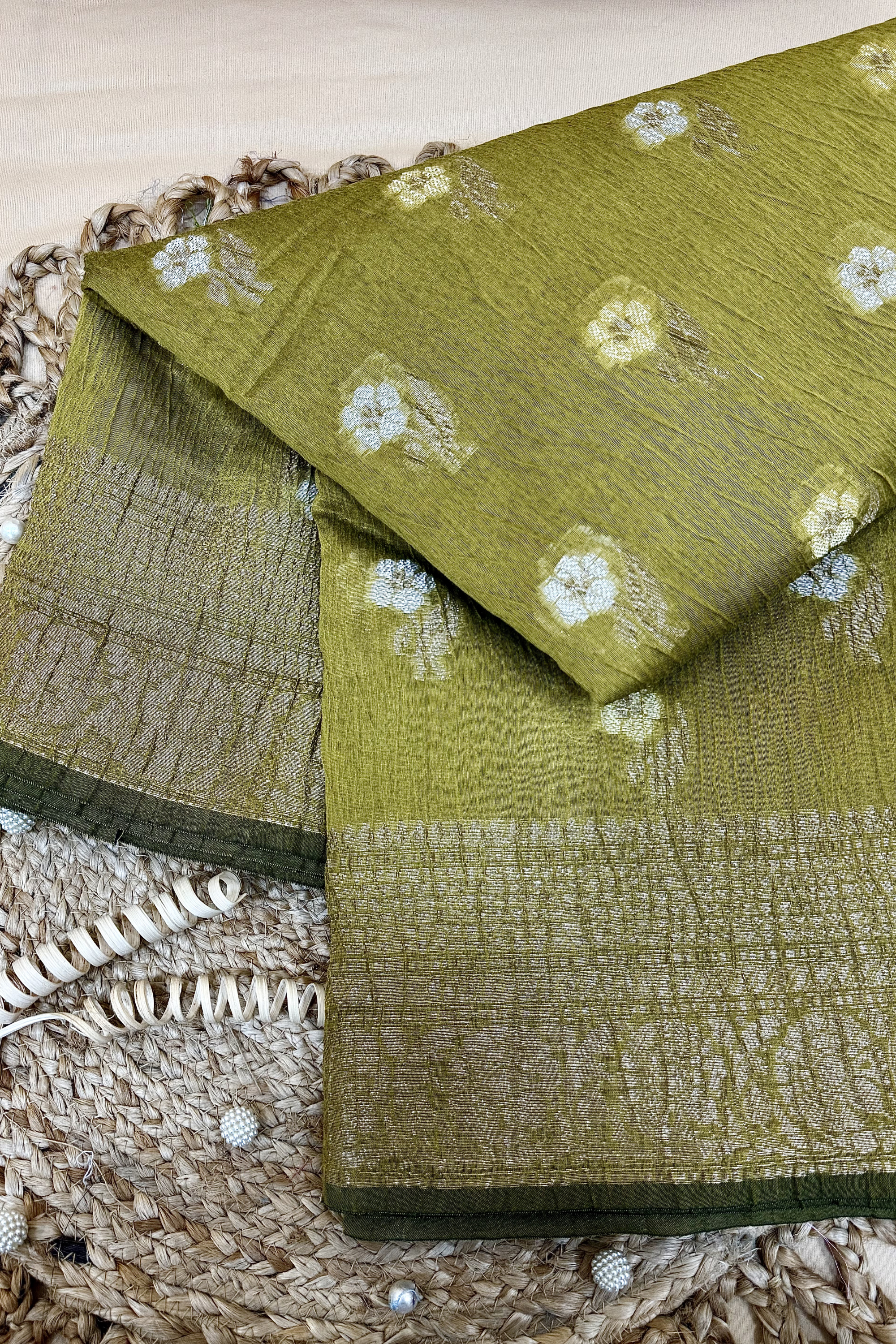 Olive Green Pure Mercerised Cotton Saree with Crush Texture