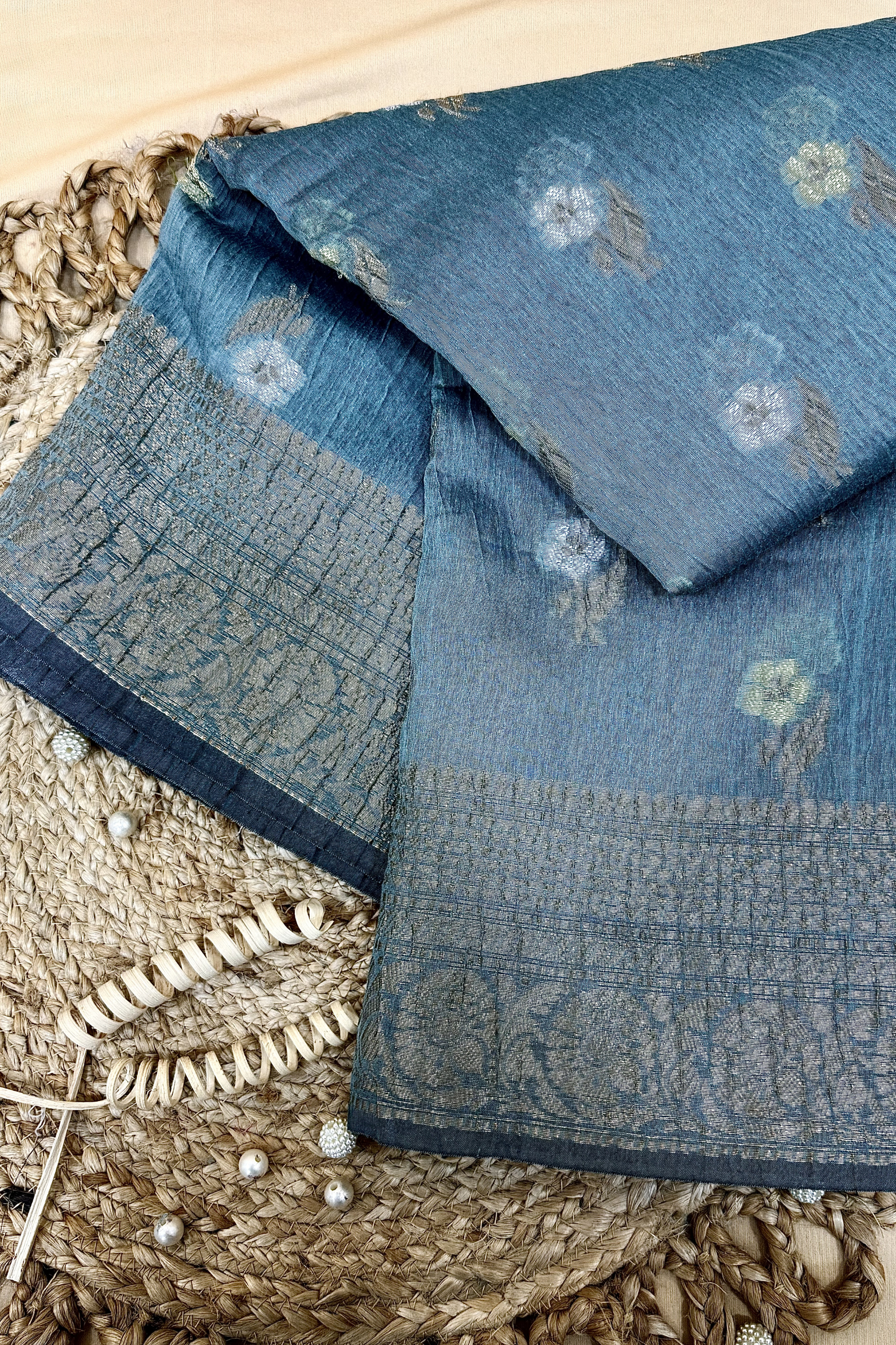 Teal Blue Pure Mercerised Cotton Saree with Crush Texture