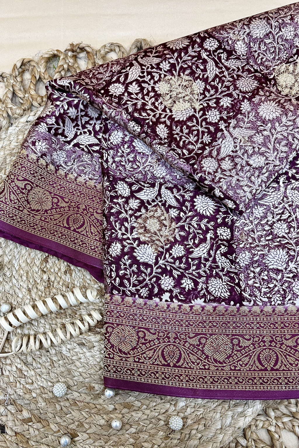 Wine Purple Kora Satin Saree with Block Print & Woven Border