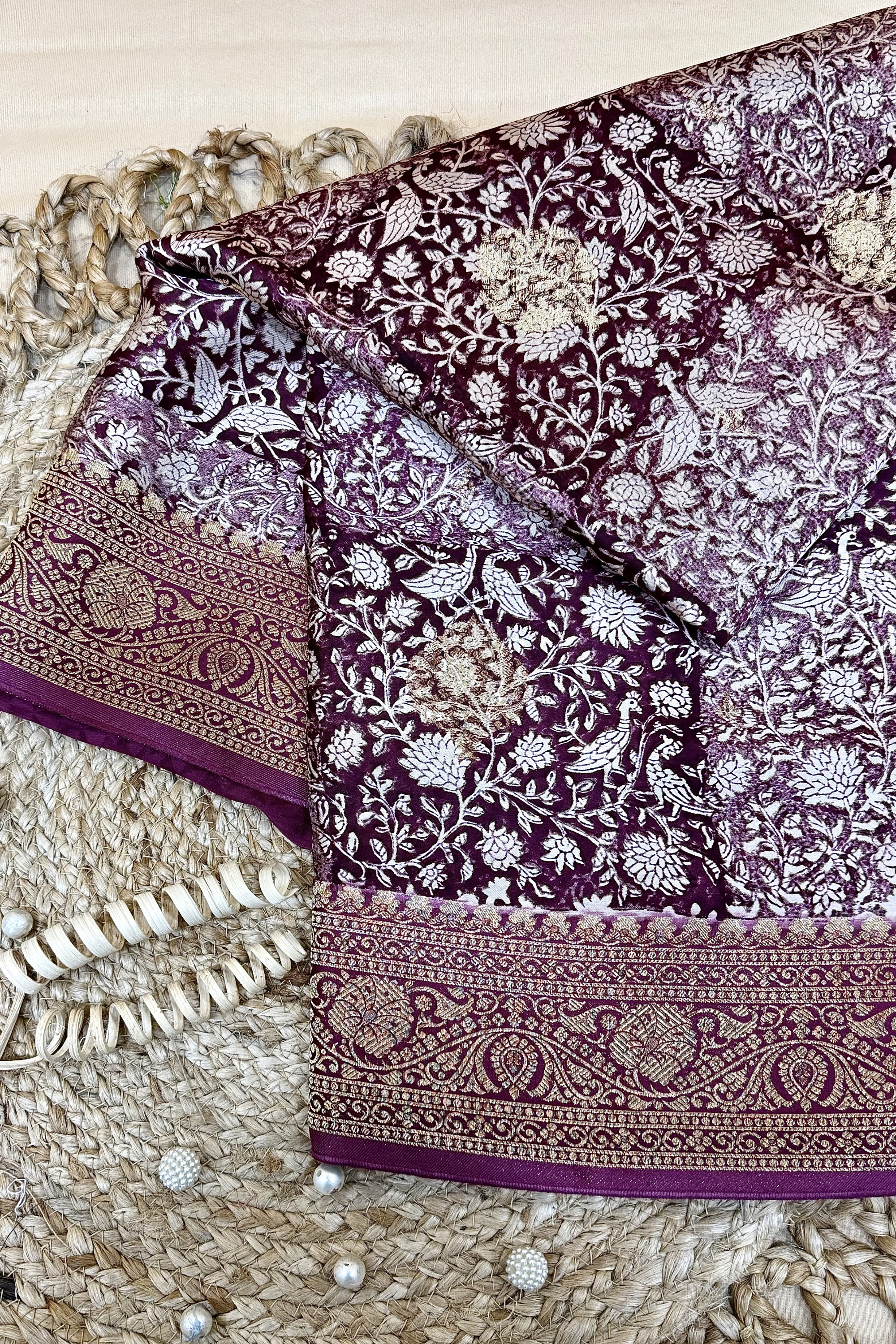 Wine Purple Kora Satin Saree with Block Print & Woven Border