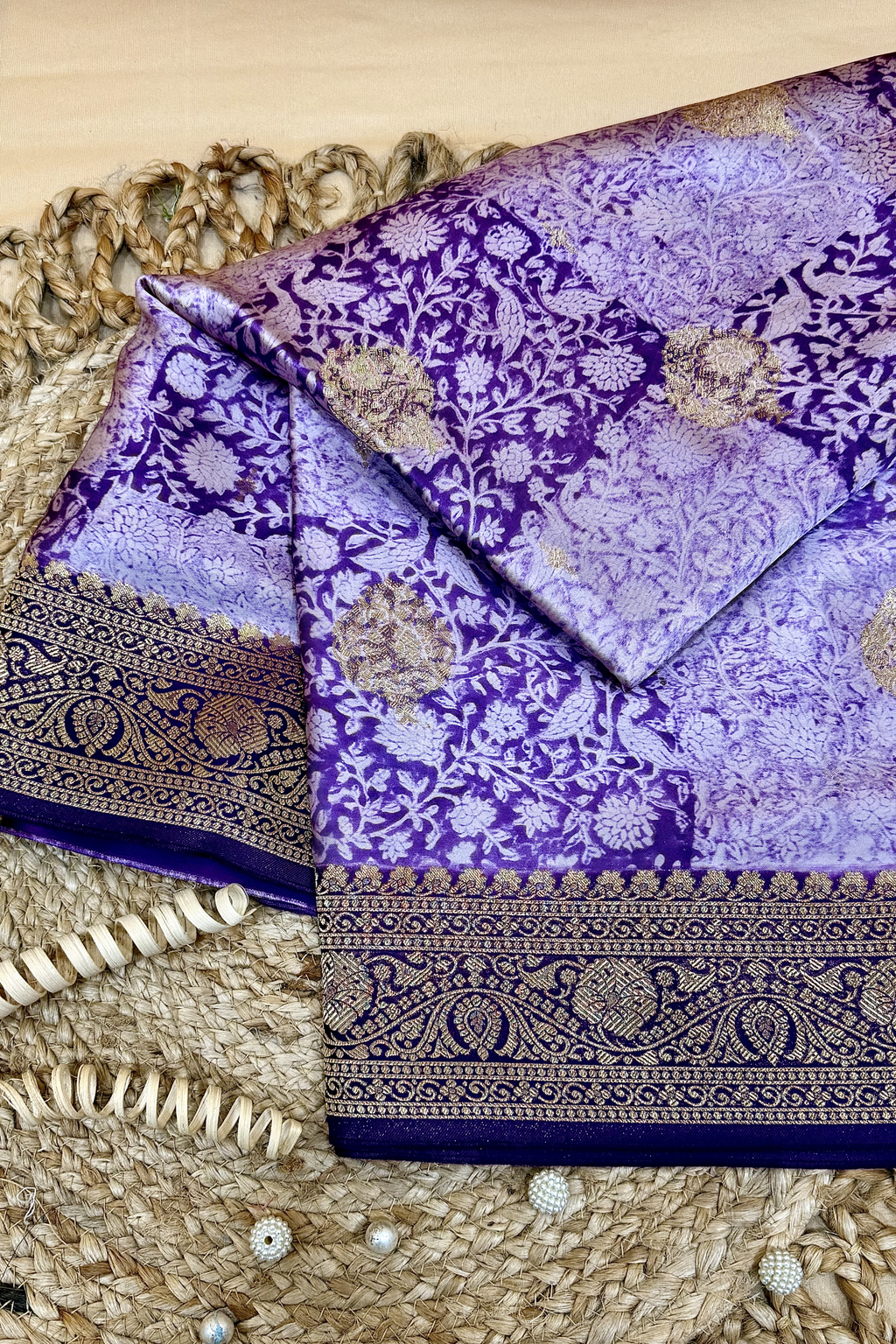 Royal Violet Kora Satin Saree with Block Print & Woven Border