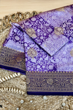 Royal Violet Kora Satin Saree with Block Print & Woven Border