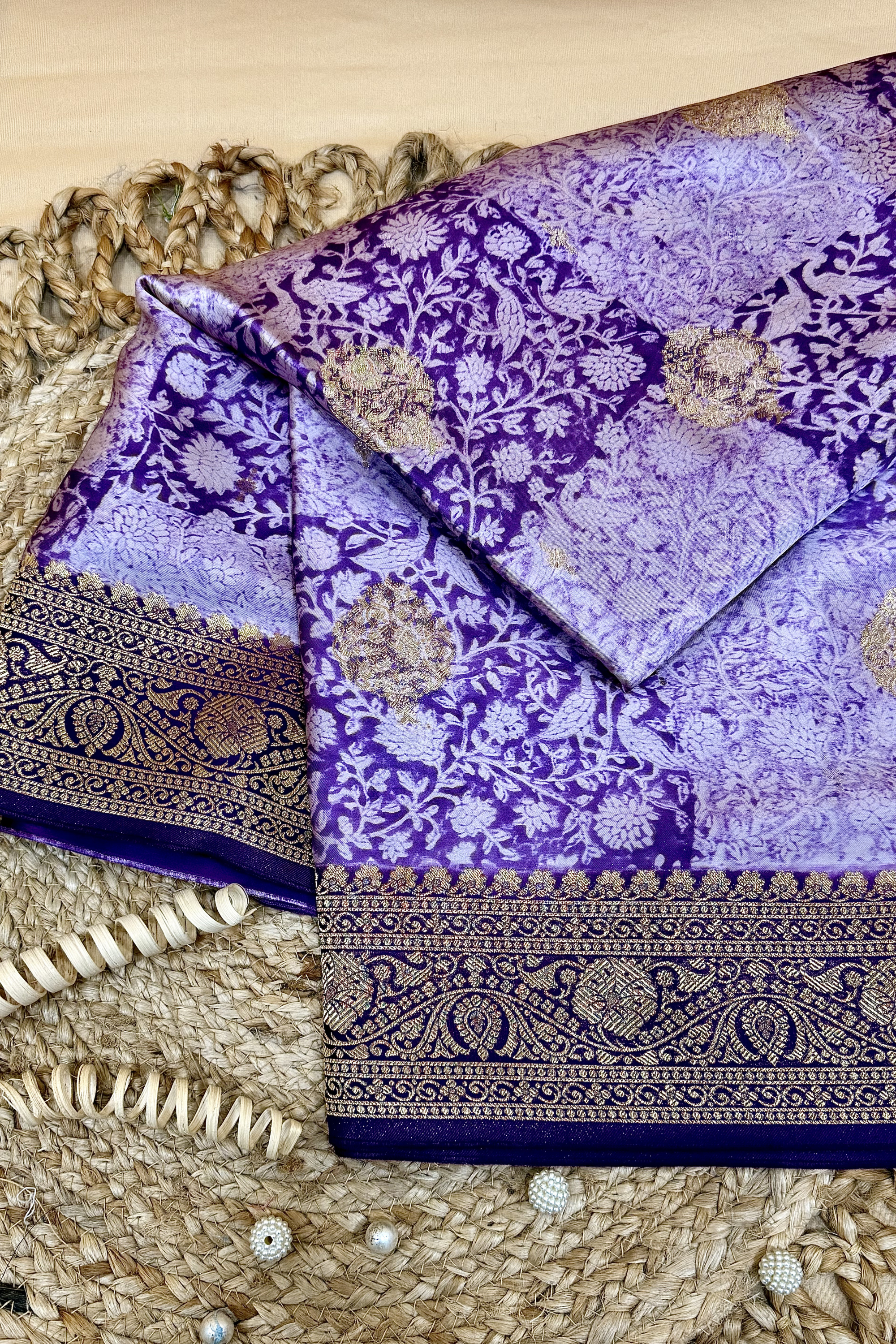 Royal Violet Kora Satin Saree with Block Print & Woven Border