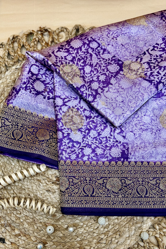 Royal Violet Kora Satin Saree with Block Print & Woven Border